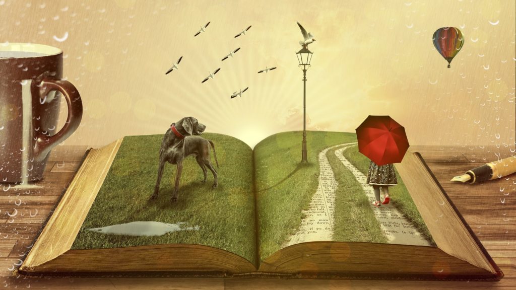 Ist ein Märchen Kitsch? Fantasiebild, gezeichnet, ein aufgeschlagenes Buch, darauf eine Hund, Laterne und ein Mädchen mit einem roten Regenschirm, neben dem Buch Tasse und Füllhalter. 