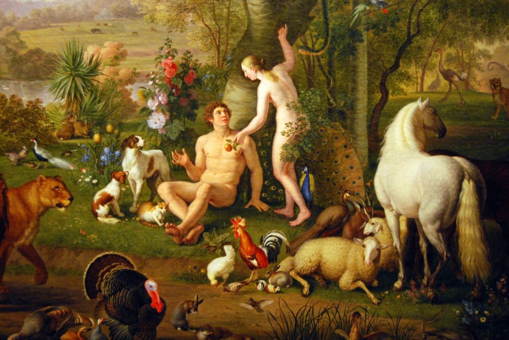 Das Paradies - Gemälde - mit Adam und Eva, die ihm den Apfel reicht. Viele Tiere drumherum. Lilith ist nicht dort. 