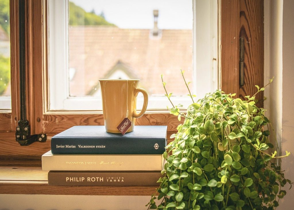 Fensterbrett mit einem Buchstapel und einer Tasse Tee obendrauf, daneben eine Pflanze. Zu diesem Vollmond in Jungfrau ist das die richtige Rückzugsbeschäftigung. 