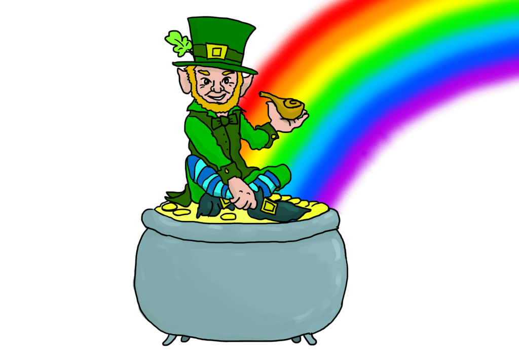 Illustration Goldtopf am Ende des Regenbogens - Kobold sitzt darauf, das ist das sabische Symbol für den Neumond im Stier April 2020