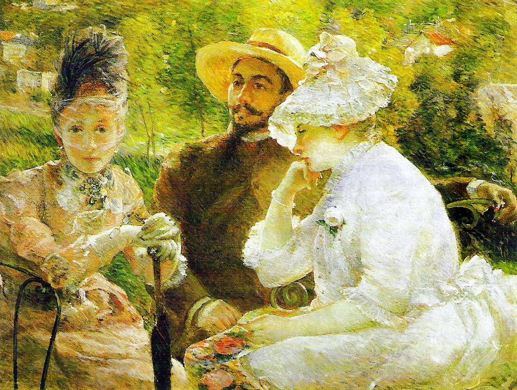 Bild der Impressionistin Marie Braquemont, drei Menschen sitzen im Grünen auf einer Terrasse, ein Herr in der Mitte, der in die Weite schaut, die Dame links guckt betrübt, die andere rechts von ihm ist traurig. Neumond im Zwilling im Mai 2020 hat eine solche Stimmung. 