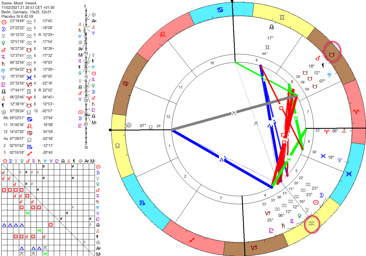 Neumond in Wassermann Februar 2021 - Horoskopzeichnung 
