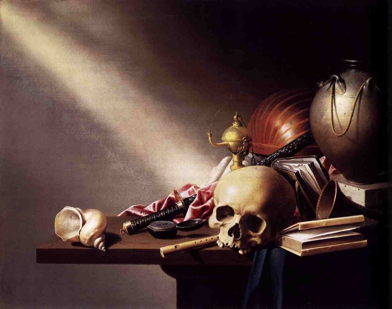 Stilleben von 1640 - Töpfe, Schädel, alte Bücher, eine Muschel, Räuchergefäß und ein Schwert neben einer Uhr auf einem Tisch drapiert. Neumond in Fische - Vergänglichkeit