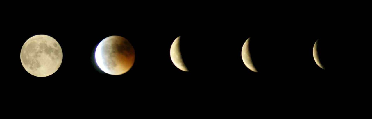 Mondfinsternis in Stier, Oktober 2023 - Ablauf, links der volle Mond, der in Schritten immer kleiner wird, rechts ist nur noch eine Sichel zu sehen - Finsternisse 