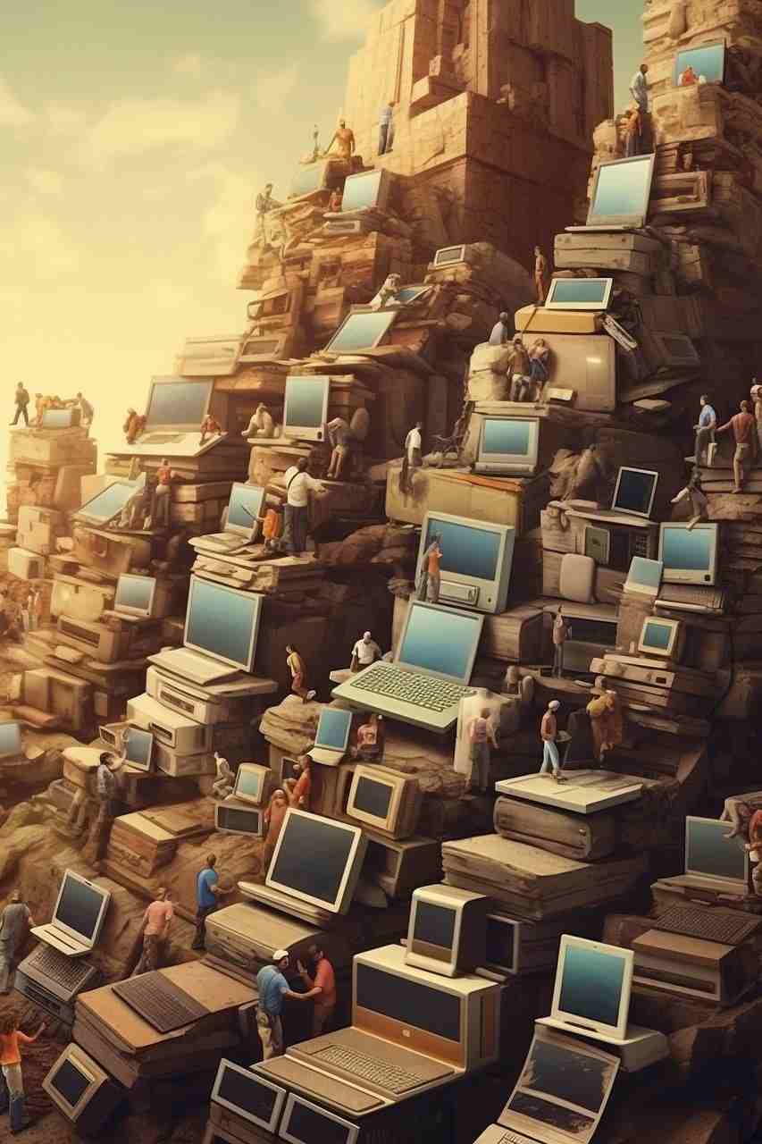 Illustration, Bücher und Computer und Menschen, als Hochhaus - Jahresthemen 2024