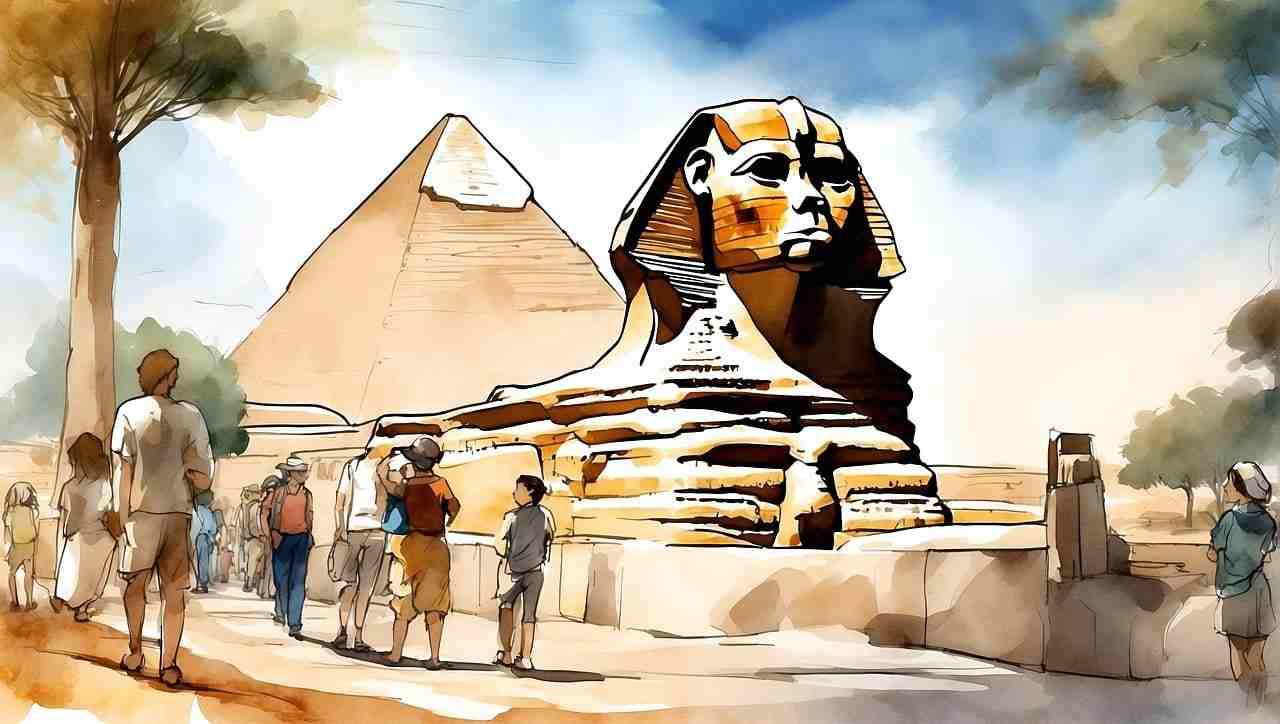 Zeichnung Sphinx mit Touristen - KI generiert