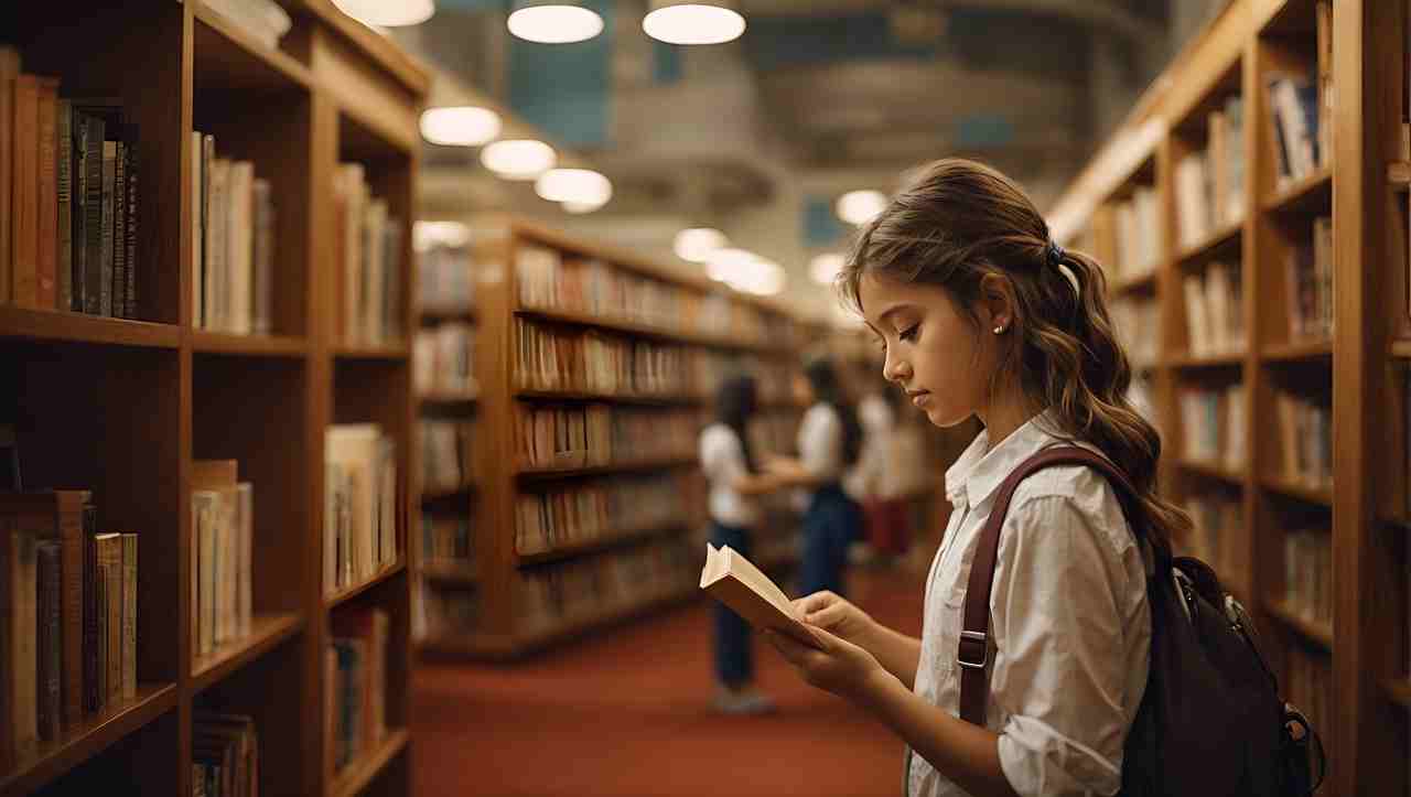 Mädchen steht lesend in einer Bibliothek - KI generiert by geralt@pixabay.com