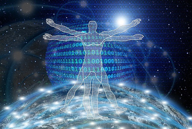 Zeichnung eines Menschen vor einer Welt mit Binärcode - Luftzeitalter