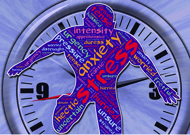 Illustration - Person vor einer Uhr, ausgefülllt mit all dem, was Stress auslöst - Luftzeitalter, Krise