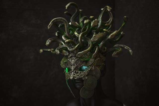 Medusa, eine der Gorgonen, hier als Metamaske mit grünen Augen und Schlangenkopf - Mythen in der Astrologie